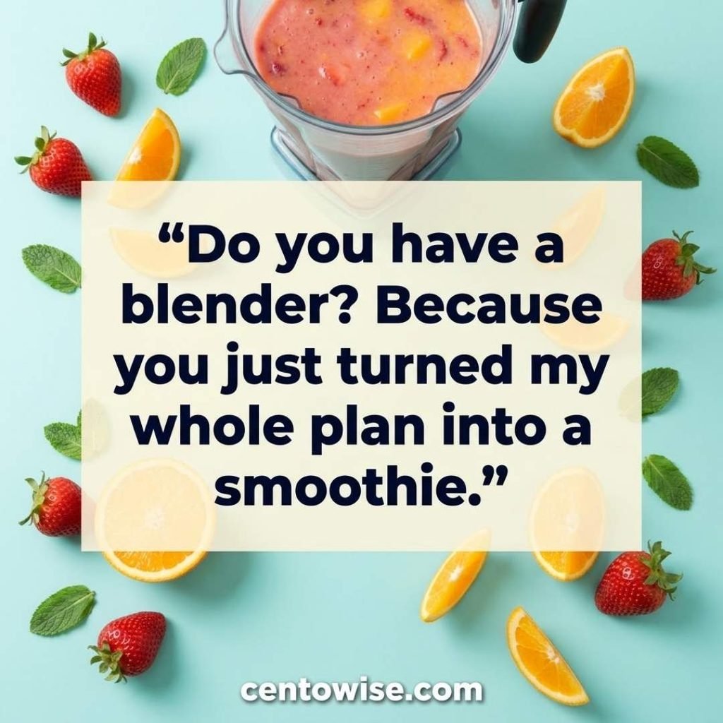 Funny juicy rizz lines image with a bold blender and smoothie line on a colorful fruit background
