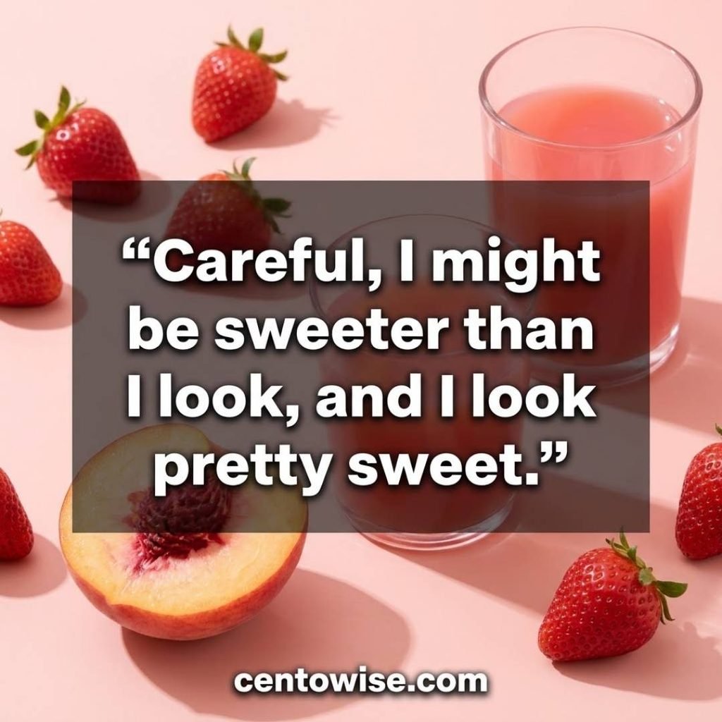 Sassy and playful juicy rizz line image with a bold line about being sweeter than I look on a pastel strawberry and peach background