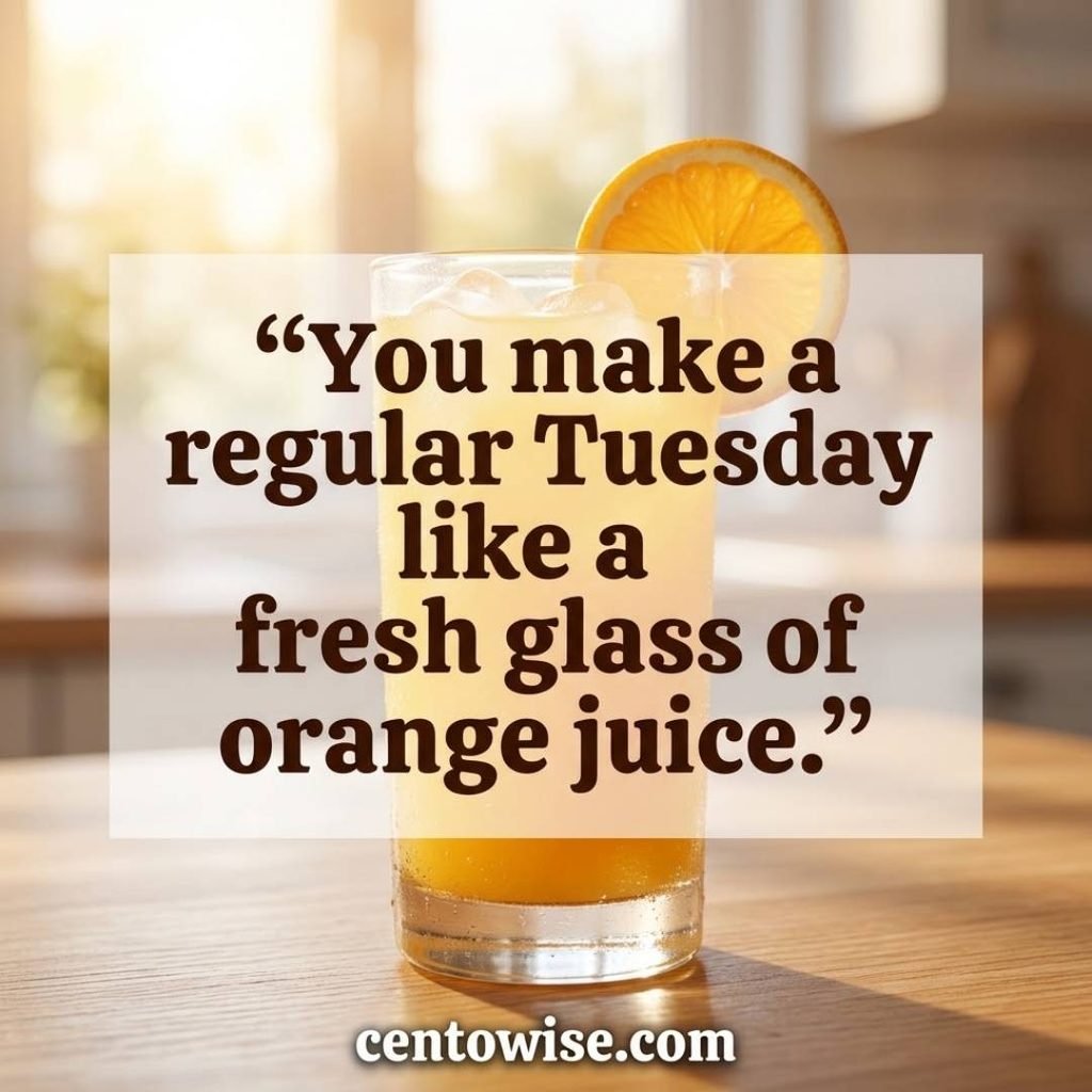 Smooth juicy rizz one liner image with a bold line about a fresh glass of orange juice on a sunny table
