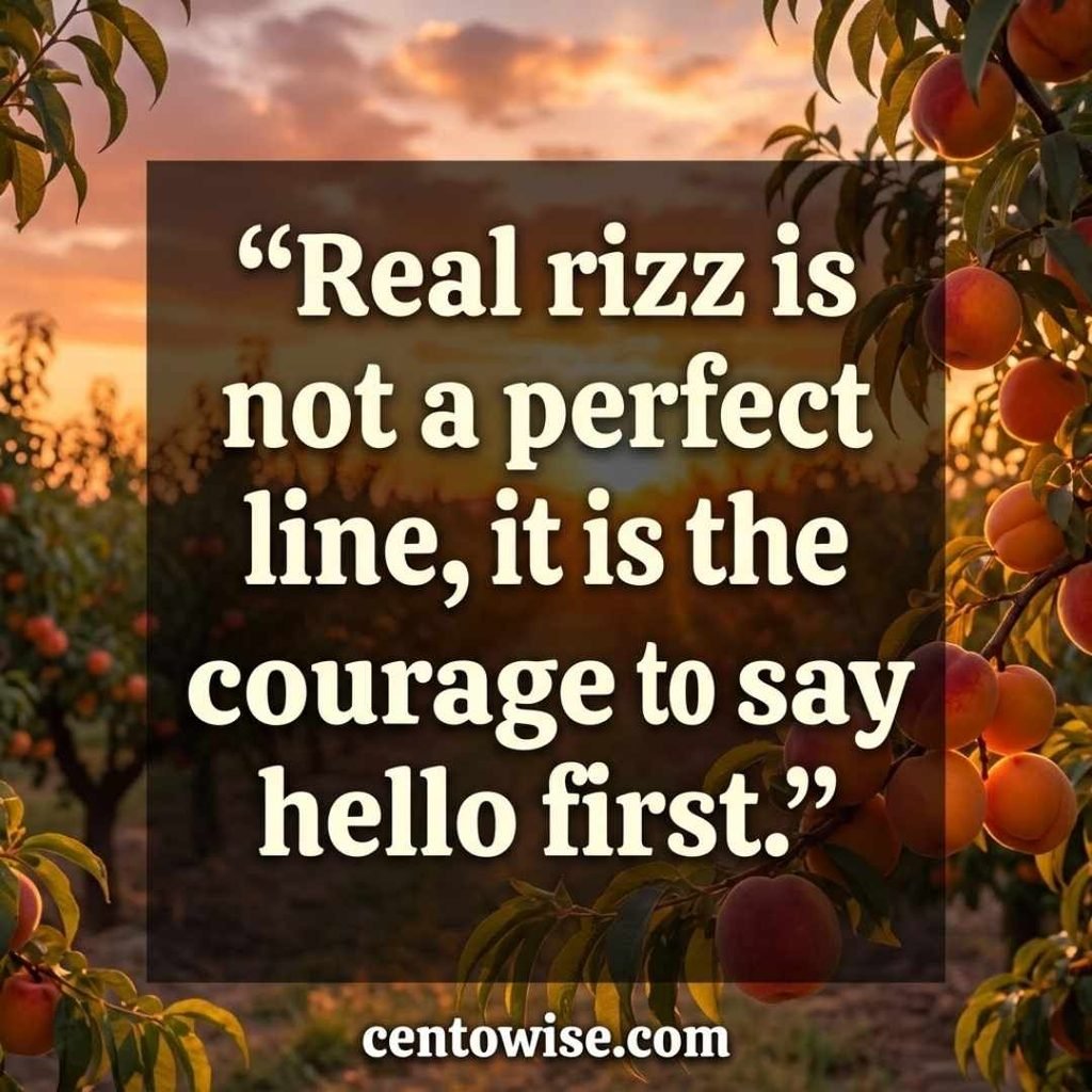 Bold juicy rizz quote image about the courage to say hello first on a sunset fruit orchard background