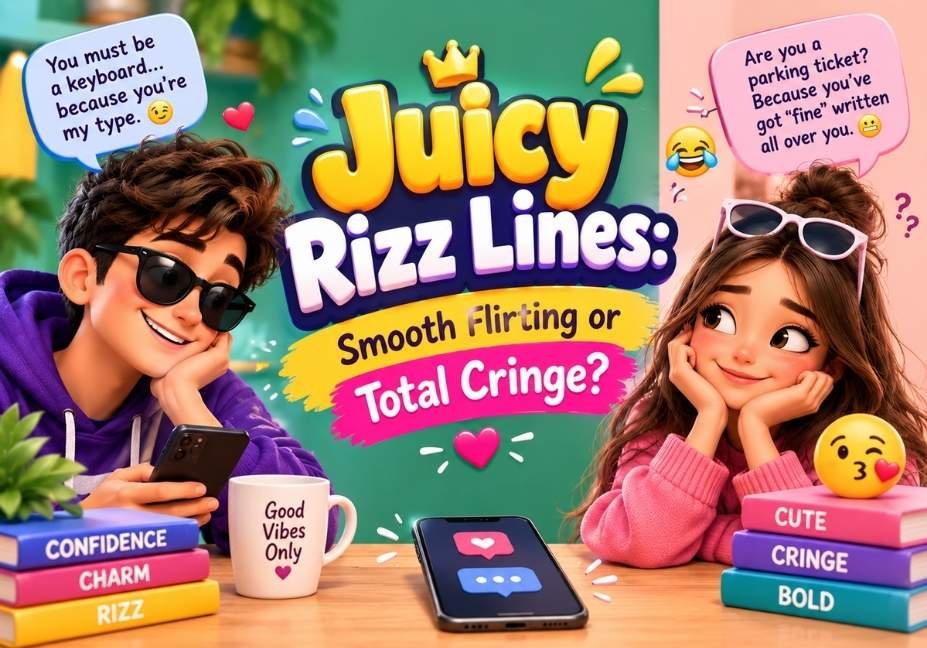 Juicy Rizz Lines cartoon featuring a flirty couple, heart emojis, and playful chat bubbles in a colorful 3D illustration.