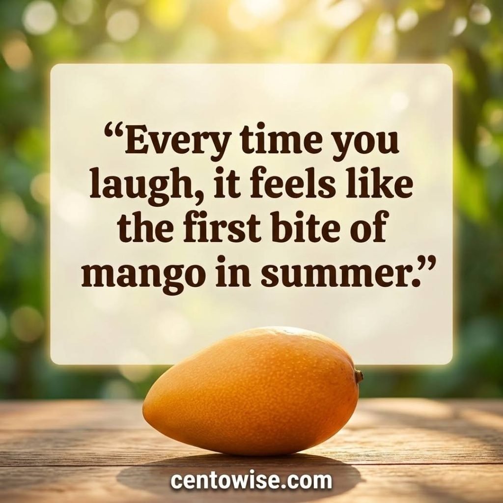 Adorable mango pickup lines image with a bold line about laughing and the first bite of mango in summer
