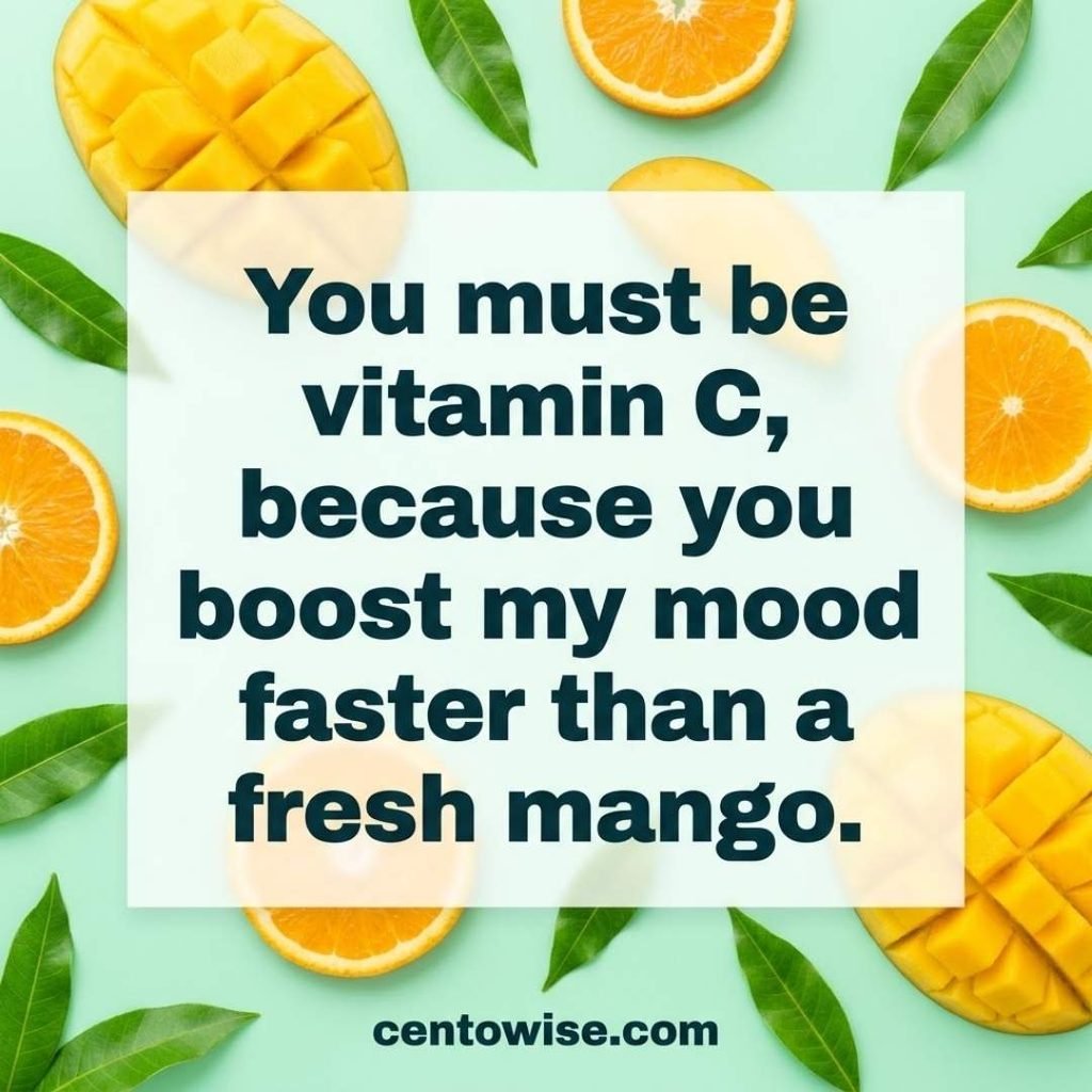 Smart mango pickup lines image with a bold vitamin C and fresh mango line on a bright mint background