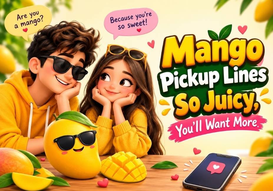 Mango Pickup Lines So Juicy, You’ll Want More – cute 3D cartoon couple with a smiling mango, tropical fruit, hearts, and flirty speech bubbles.