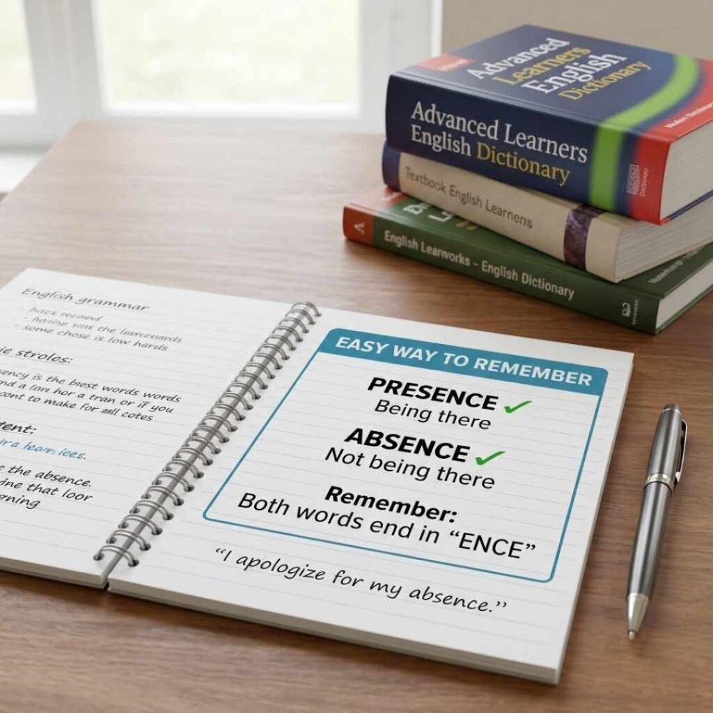 Spelling infographic showing absence and presence both ending with ence