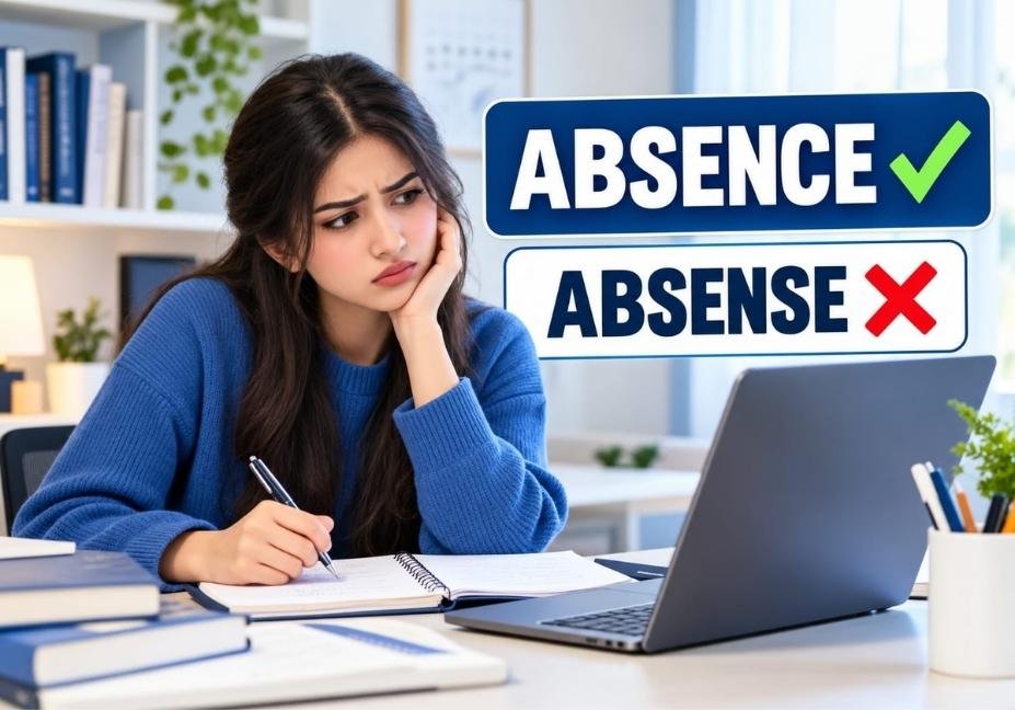 Absence or absense spelling comparison showing absence as the correct spelling
