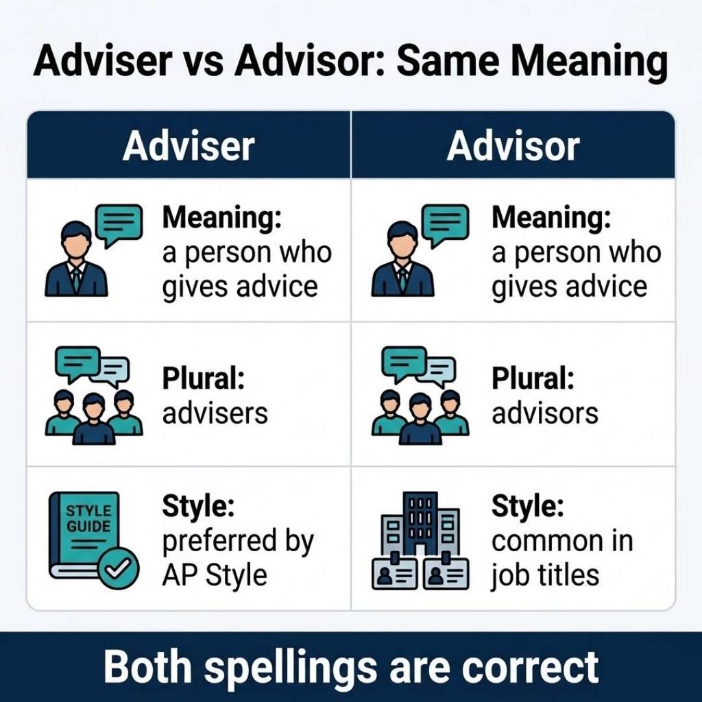 Infographic comparing adviser and advisor: same meaning, plural forms and style notes, both spellings correct