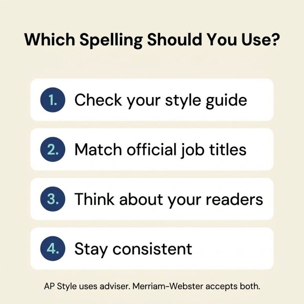 Four step checklist for choosing adviser or advisor: style guide, official titles, readers and consistency