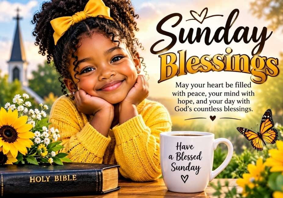 African American Sunday Blessings Gif with a cute Black girl, Bible, sunflowers, and heartfelt Sunday blessings message.