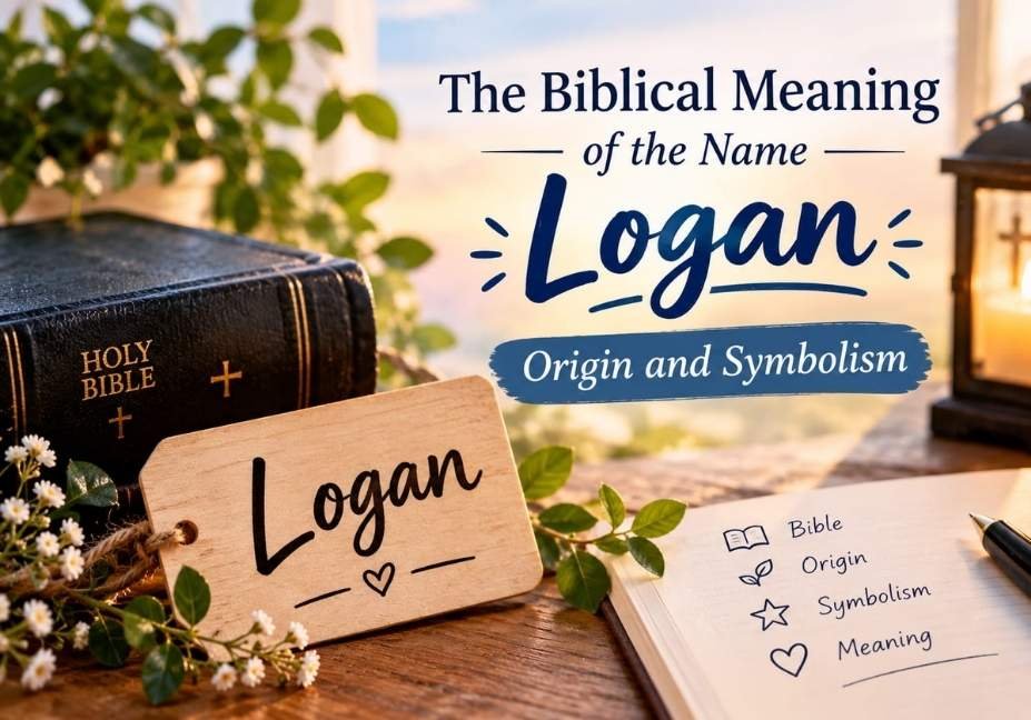 The biblical meaning of the name Logan featuring a Holy Bible, wooden Logan name tag, greenery and warm golden light, illustrating the name’s origin and symbolism.