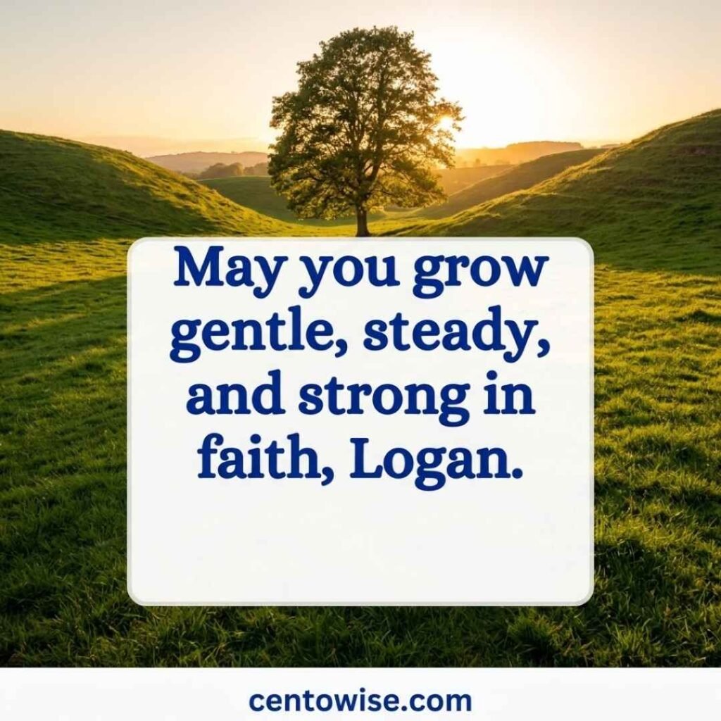 Faith blessing for a boy named Logan, showing a lone tree in a green hollow at golden hour.