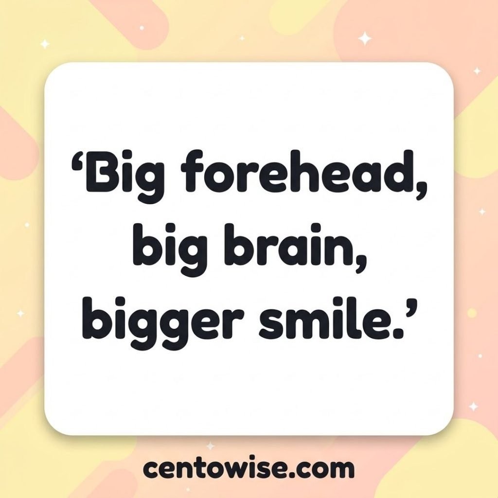 Funny big forehead joke about a big brain and bigger smile on a pastel yellow and peach card