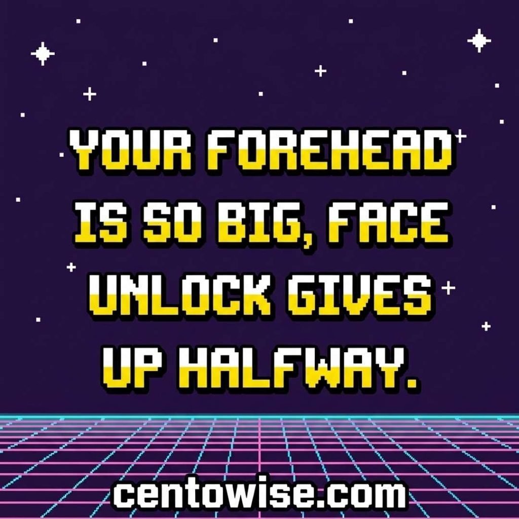 Retro arcade big forehead joke about face unlock in pixel text on a purple background
