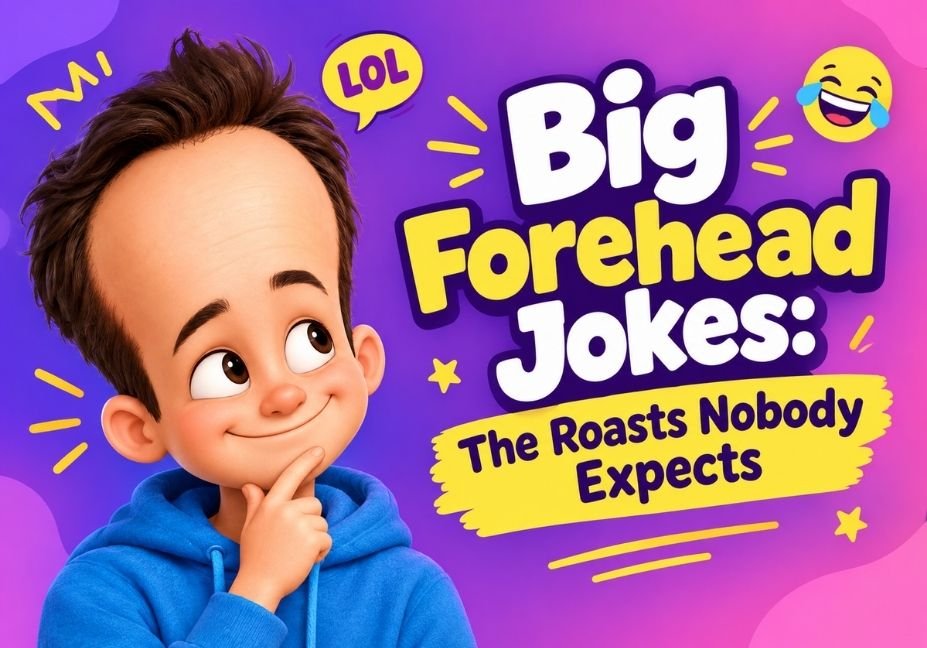 Big Forehead Jokes: The Roasts Nobody Expects – funny cartoon character with a big forehead, playful expression, and bold colorful text on a purple and pink background.