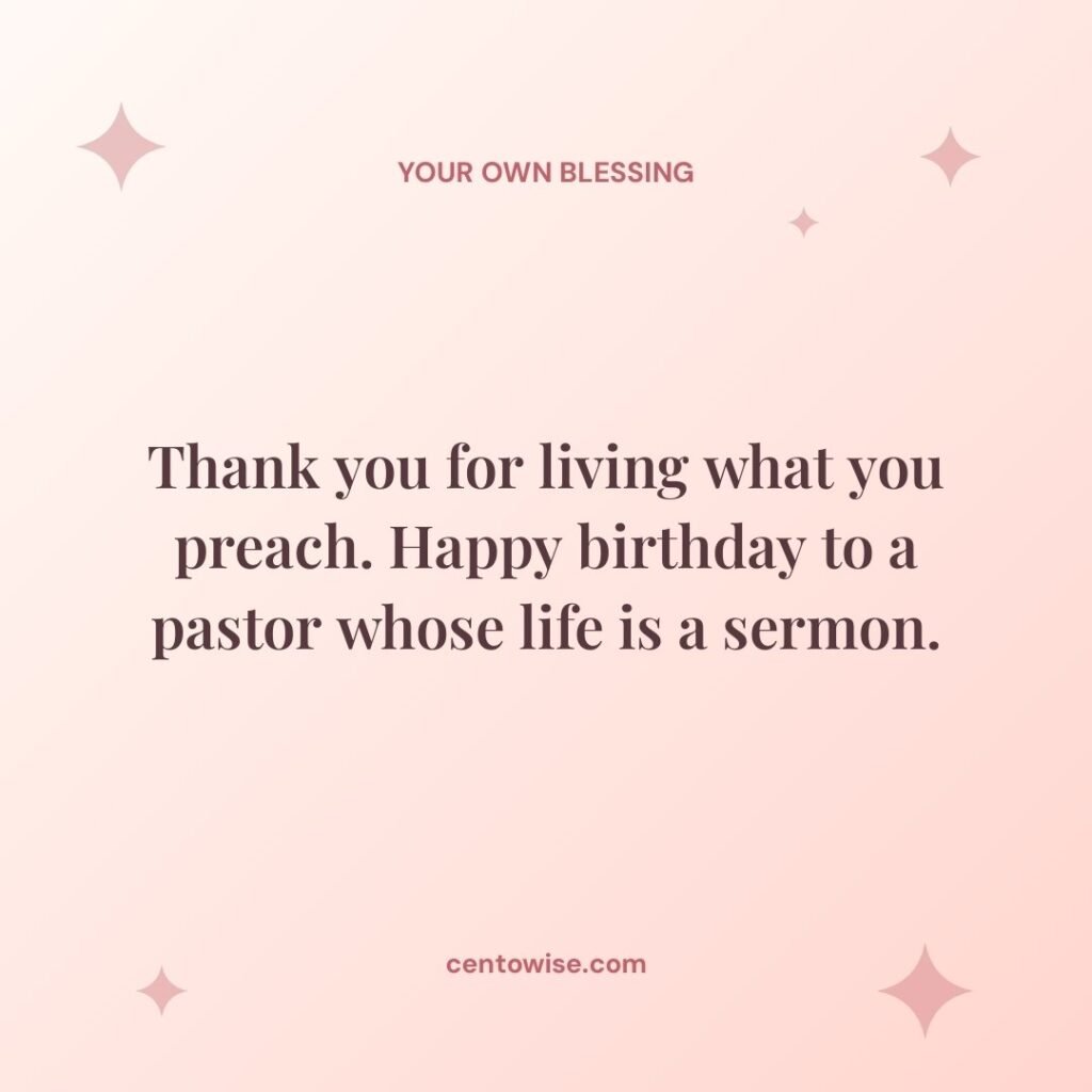 Birthday wishes for a pastor thank-you message on a soft peach background with pink sparkles