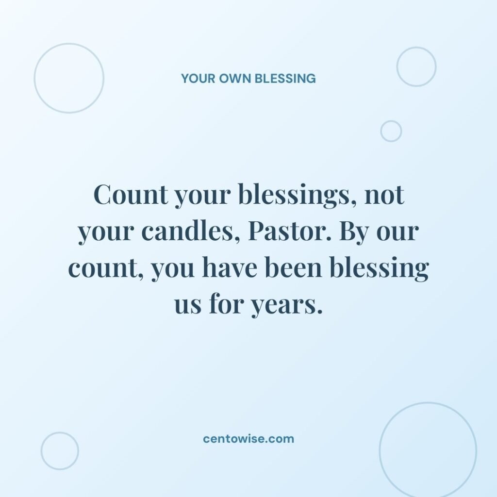 Fun birthday wish for a pastor about counting blessings instead of candles on a light blue background