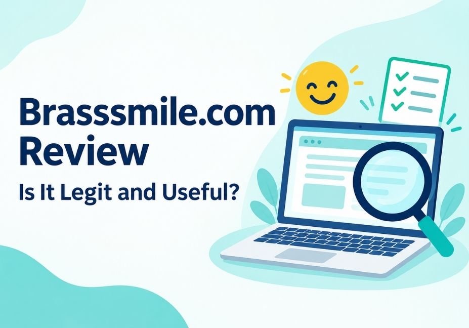 Brasssmile.com review featured image with a laptop, magnifying glass and the text “Is It Legit and Useful?”