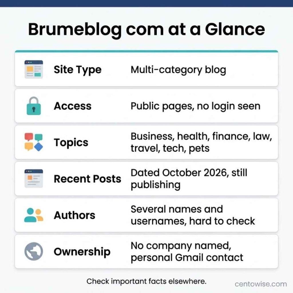 Infographic showing Brumeblog com at a glance, including site type, topics, authors, and ownership details