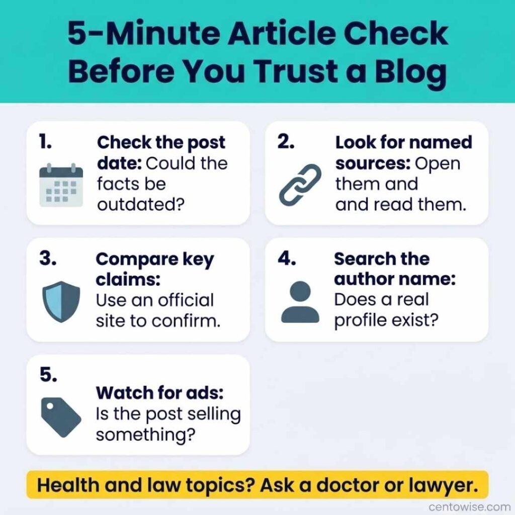 Checklist infographic with five steps to verify any blog article before trusting it, including date, sources, author, and ads