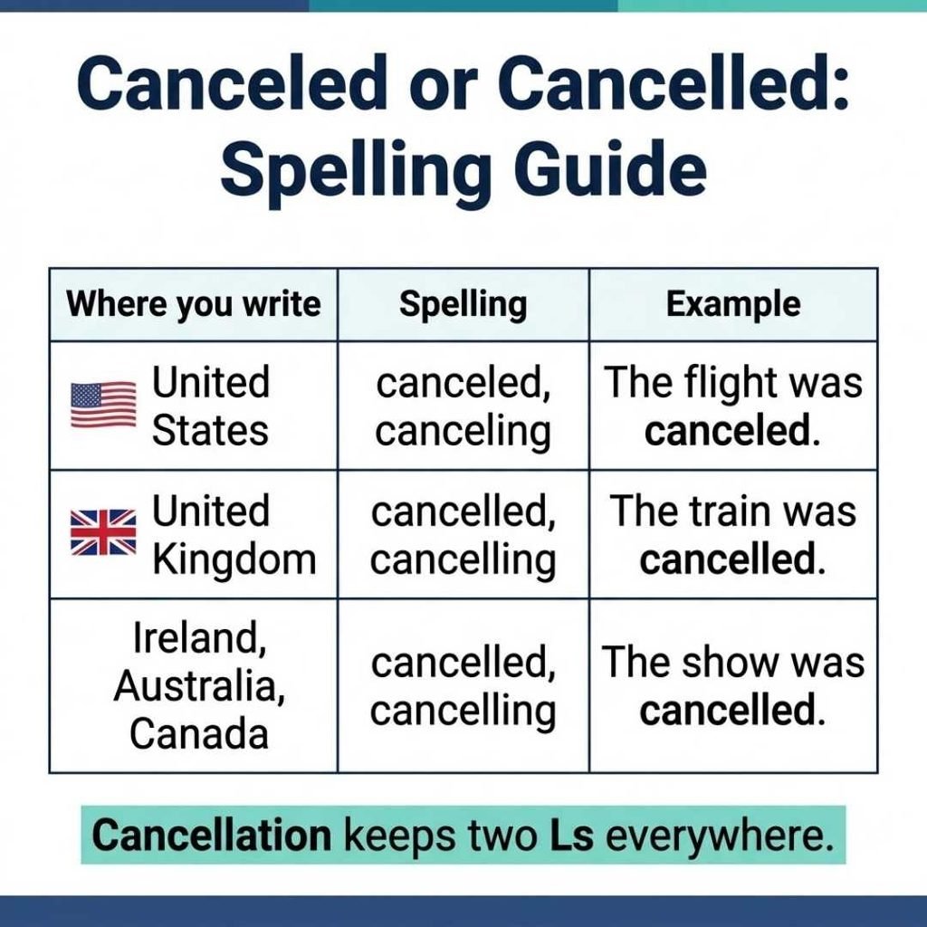 Canceled or cancelled spelling guide chart comparing US, UK, Ireland, Australia and Canada