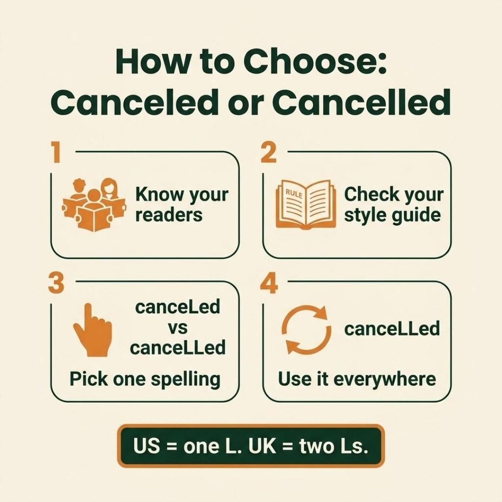 Canceled or cancelled choosing steps infographic with the tip that the US uses one L and the UK uses two