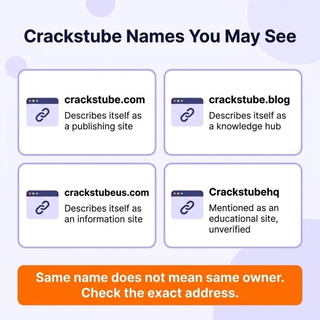 Crackstube explained infographic showing four websites that use the Crackstube name and why the same name does not mean the same owner