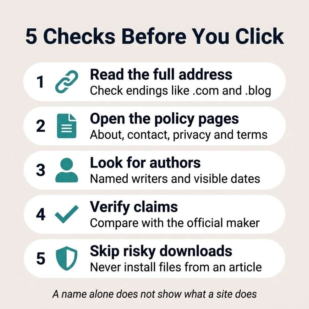 Crackstube explained infographic with five checks to run before you click, from the full address to risky downloads