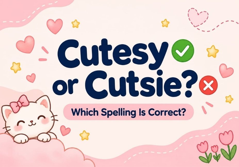 Featured image showing the text “Cutesy or Cutsie? Which Spelling Is Correct?” on a pastel pink background with hearts and a kitten.