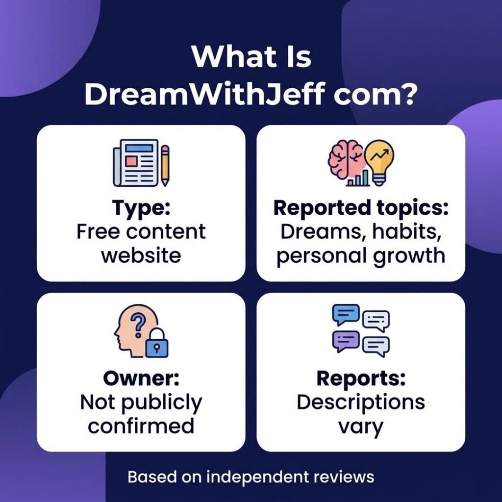 Infographic explaining what DreamWithJeff com is, a free content website with varying reported topics and an unconfirmed owner.