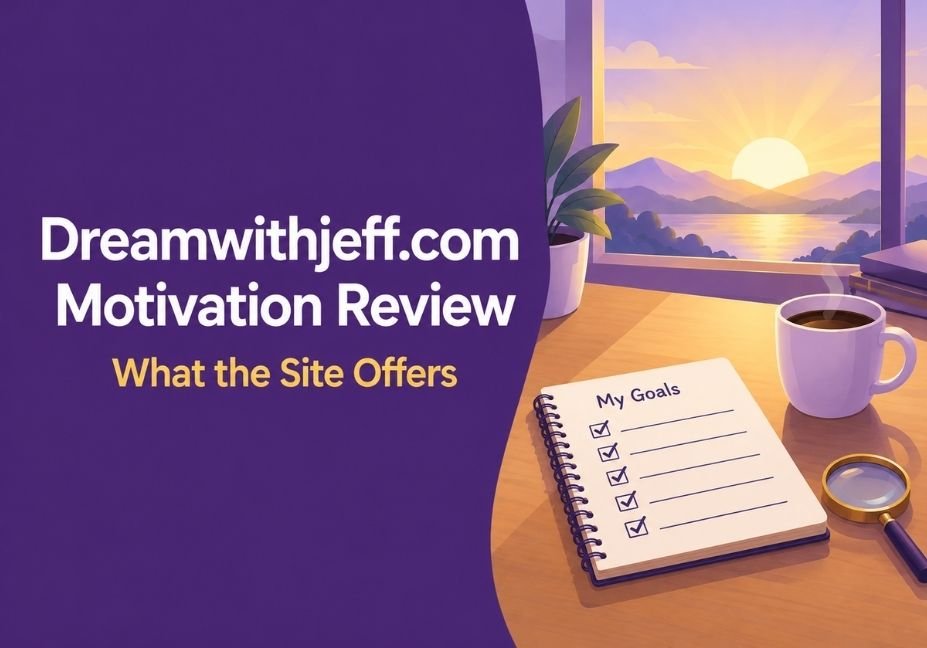 Dreamwithjeff.com motivation review featured image showing a goal checklist notebook, sunrise window and magnifying glass.