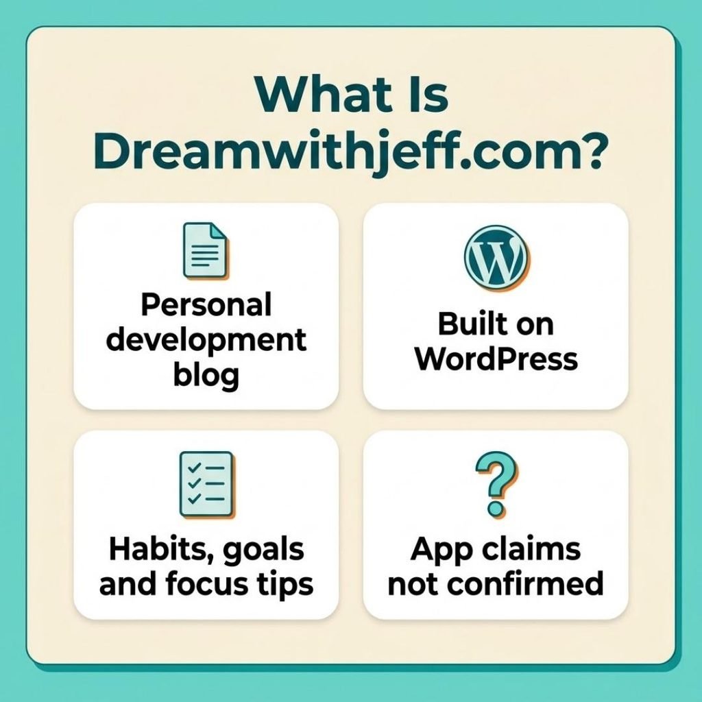 Infographic explaining that Dreamwithjeff.com is a personal development blog on WordPress with unconfirmed app claims.