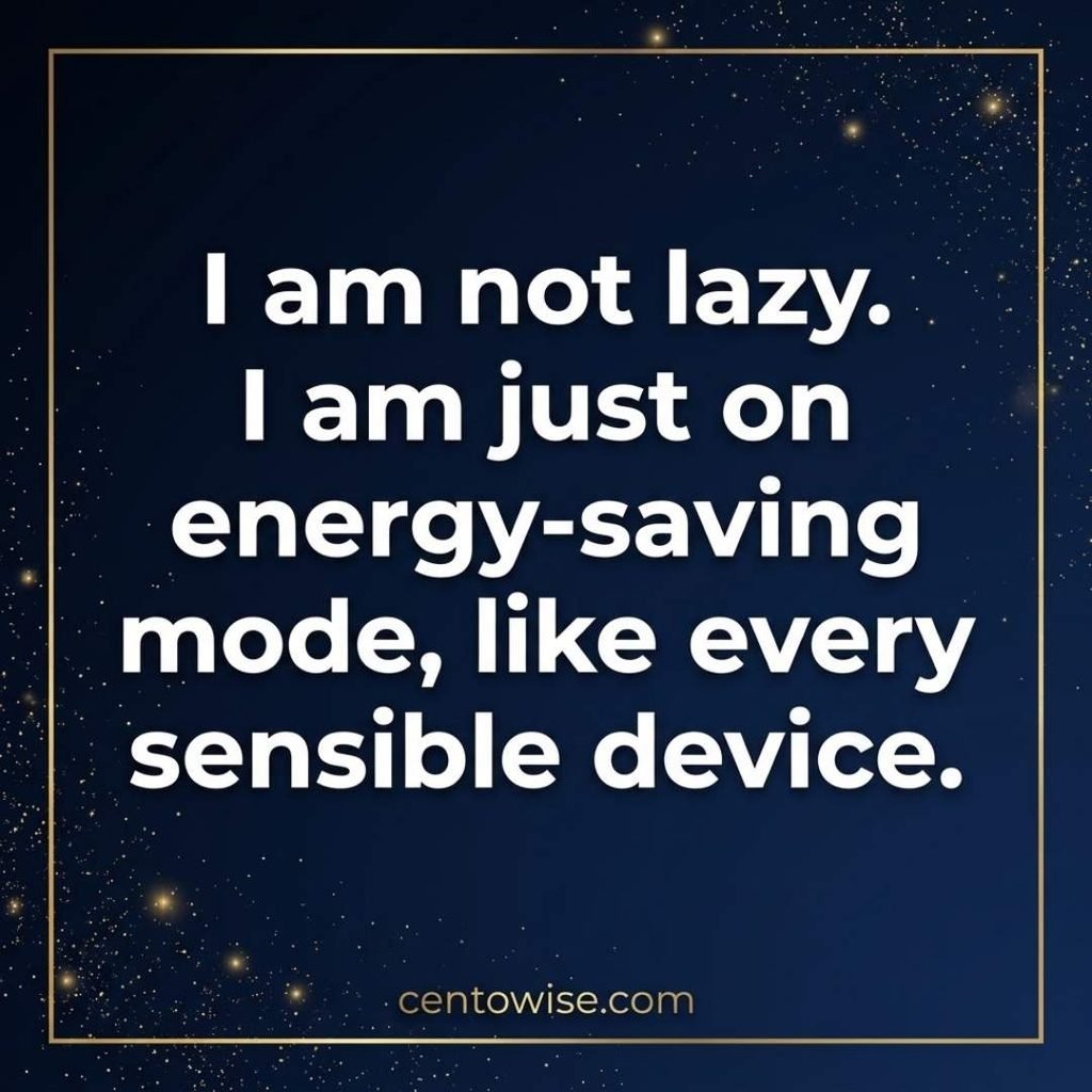 Funny dry humor jokes image about energy-saving mode, with white text on a navy and gold background