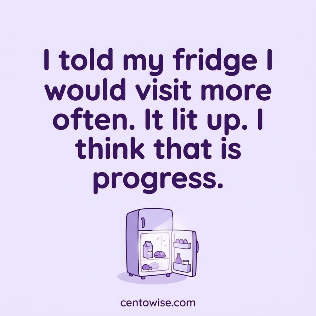 Clean funny jokes image about visiting the fridge more often, in purple text on a lavender background