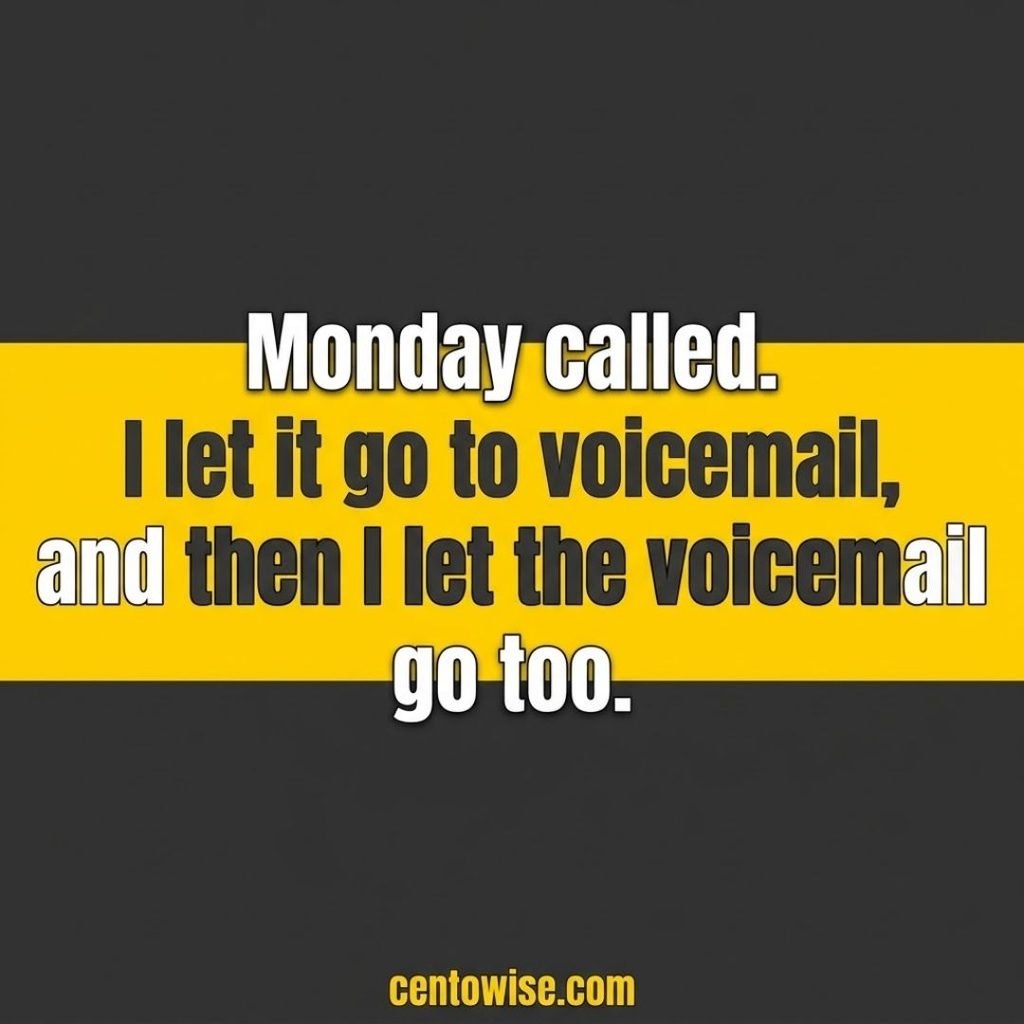 Relatable dry humor jokes for social media about Monday and voicemail, in white text on charcoal and yellow