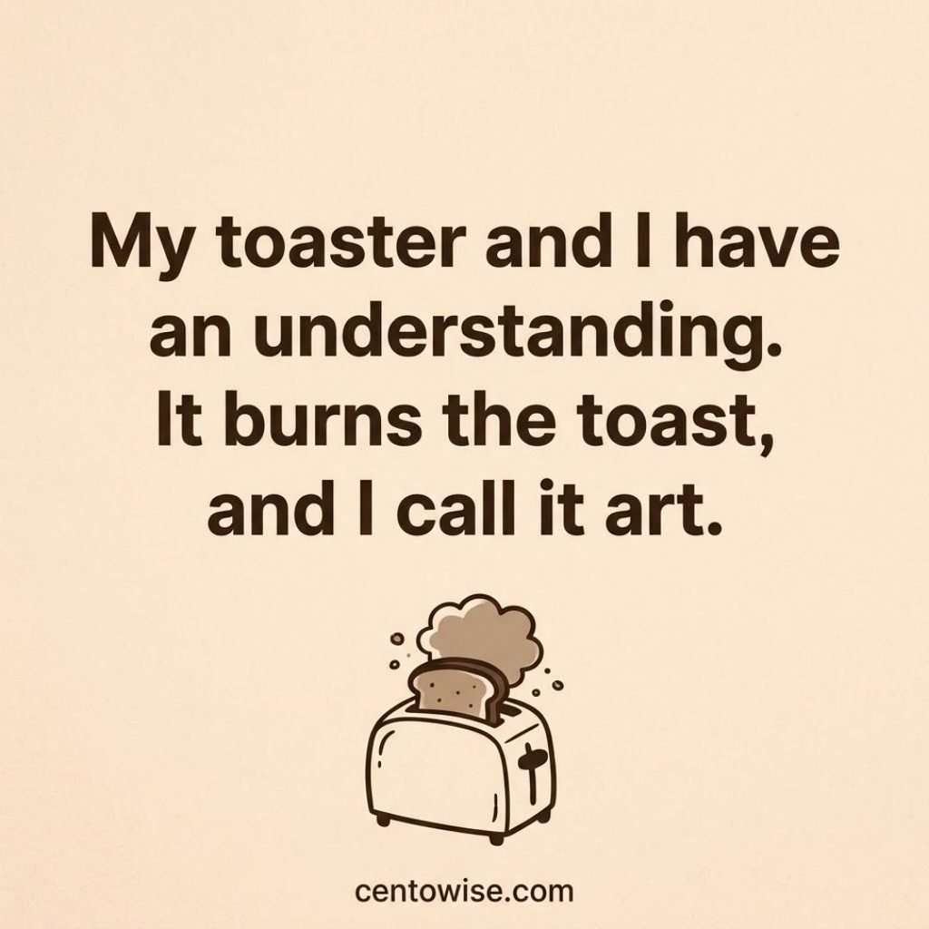 Silly dry humor joke about a toaster that burns toast, in brown text on a beige paper background