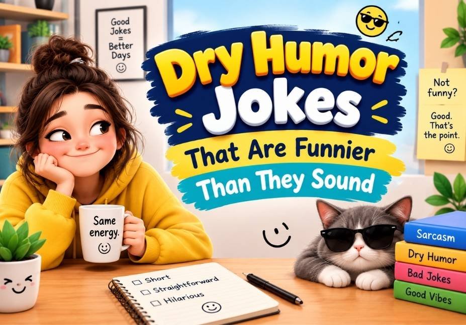 Dry humor jokes that are funnier than they sound, shown as a bold text graphic with a playful pastel background