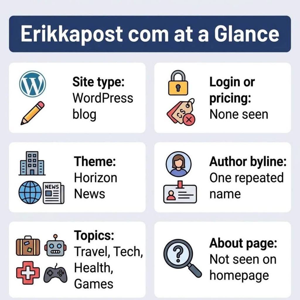 Erikkapost com at a glance infographic listing site type, theme, topics, login status and author byline