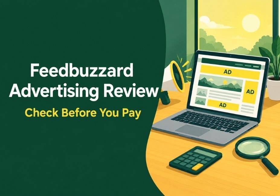 Feedbuzzard advertising review featured image showing a laptop with banner ad slots, a megaphone and a magnifying glass.