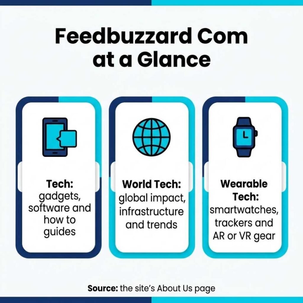 Infographic showing the three Feedbuzzard com sections: Tech, World Tech and Wearable Tech