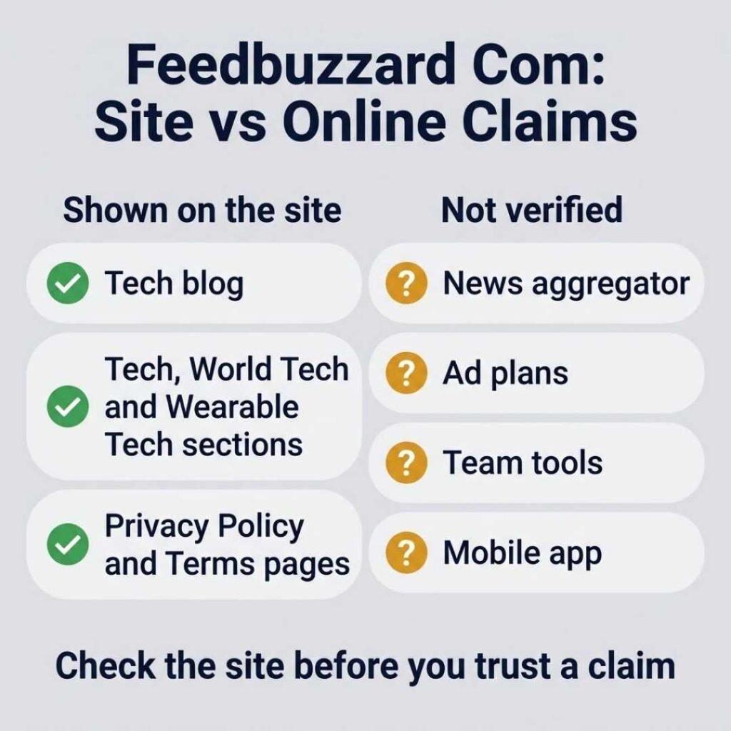 hecklist comparing what feedbuzzard com shows with unverified claims such as aggregator, ad plans and app