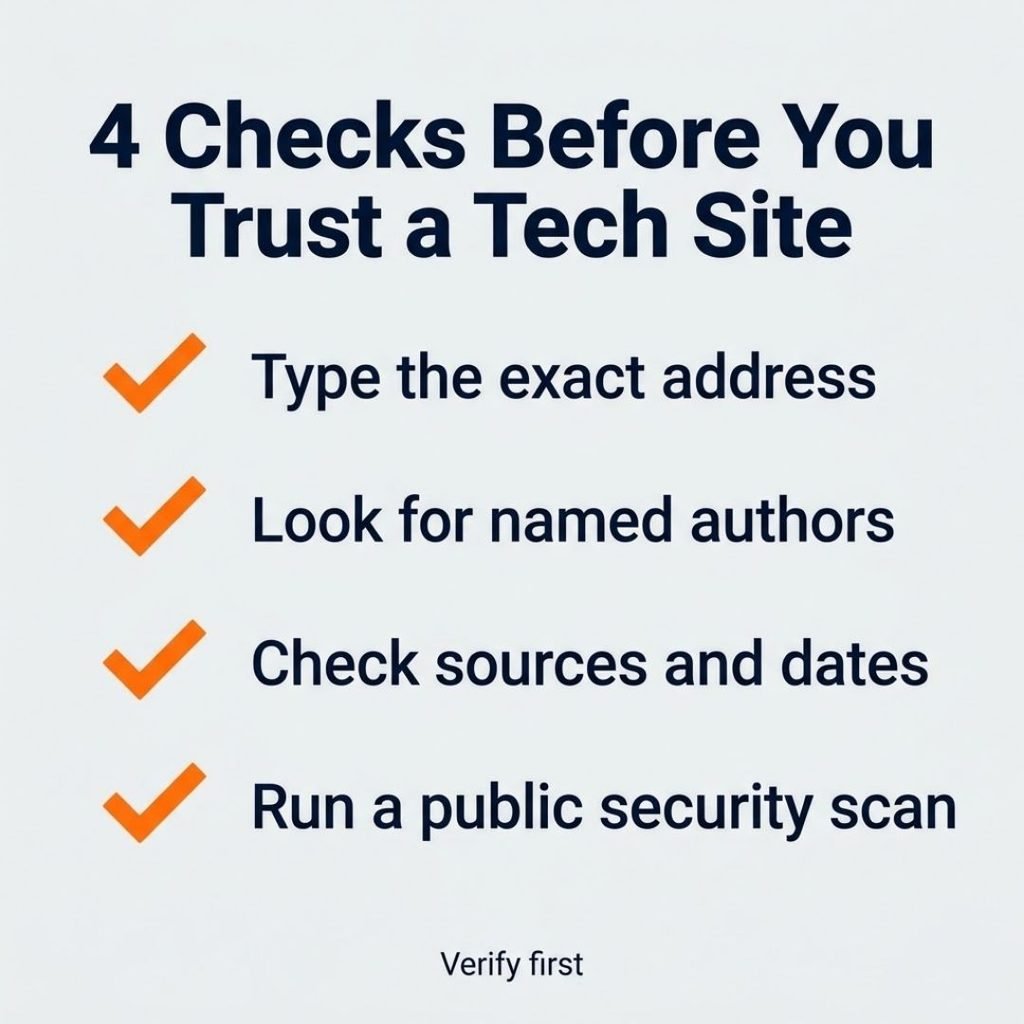 Checklist infographic with four checks to run before trusting a tech news website such as Feedbuzzard.com.
