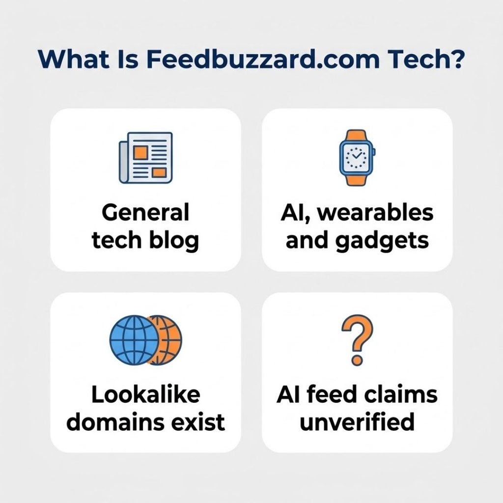 Infographic explaining that Feedbuzzard.com tech is a general tech blog with lookalike domains and unverified AI feed claims.