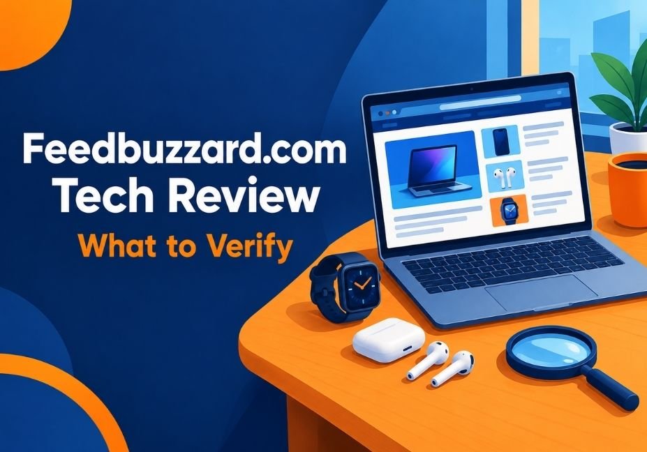 Feedbuzzard.com tech review featured image showing a laptop with a tech news page, a smartwatch and a magnifying glass.