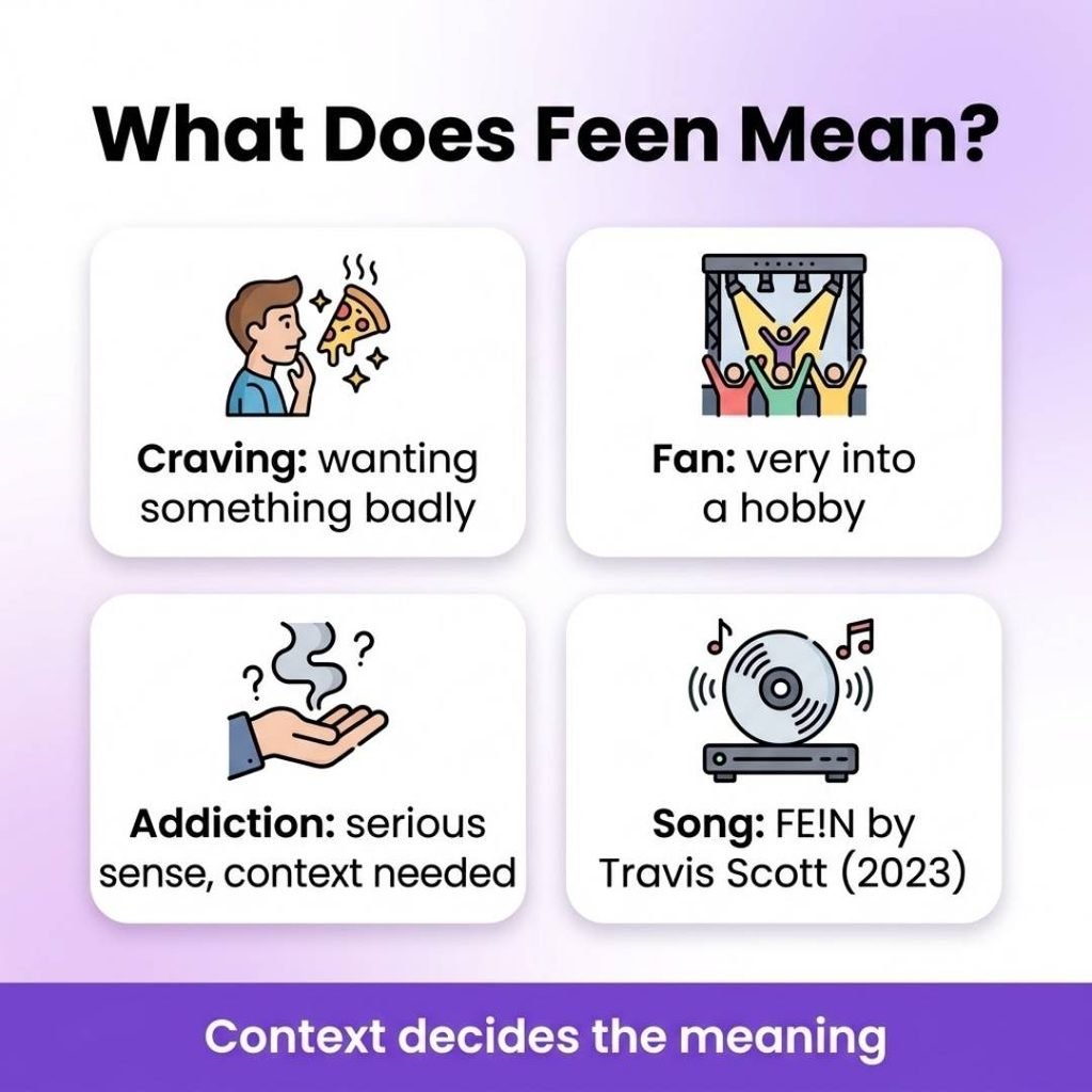 Infographic showing what feen or fein means: craving, fan, addiction and the Travis Scott song