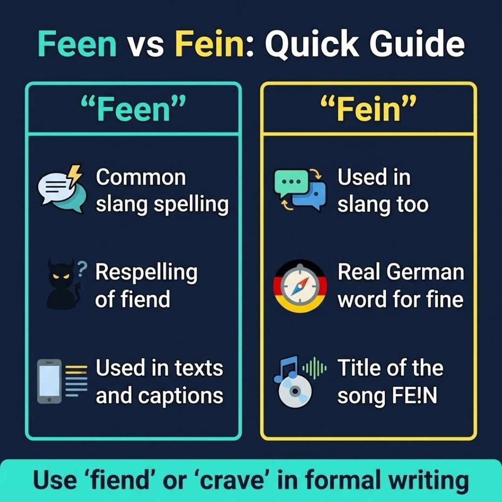 Feen or fein comparison chart showing spelling, slang use and the German word fein