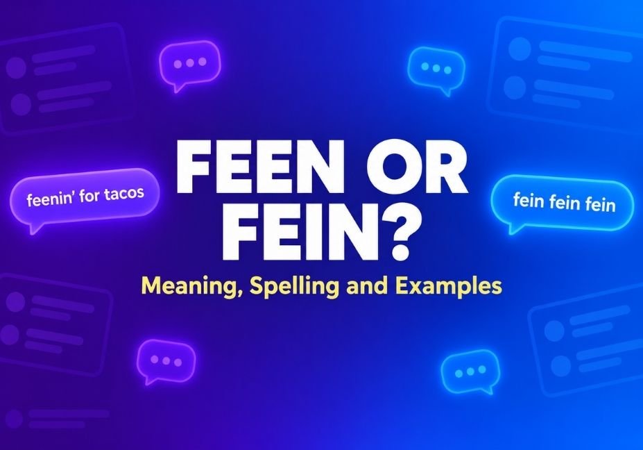 Feen or fein meaning and spelling guide with example text messages on a purple blue banner