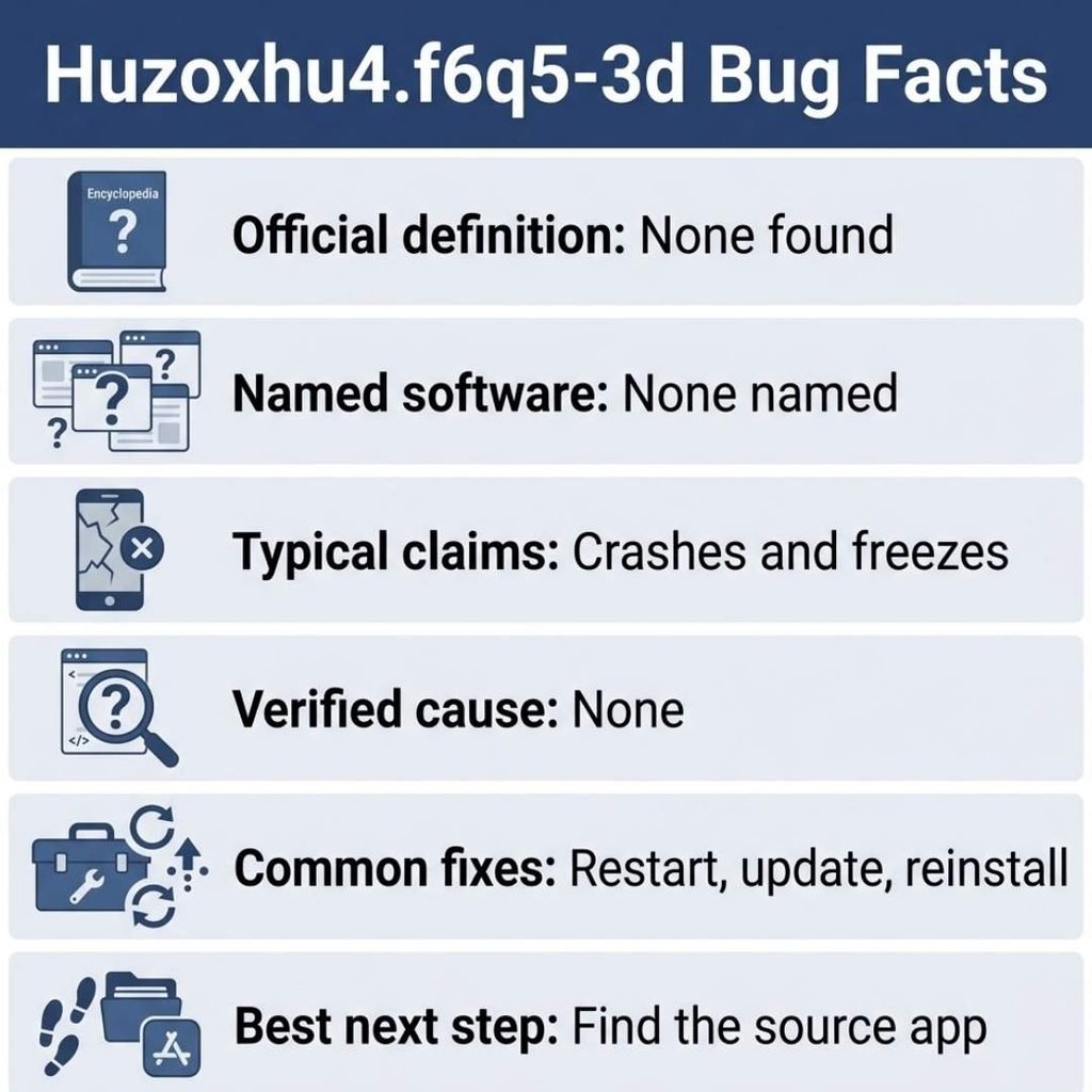Huzoxhu4.f6q5-3d bug facts infographic showing no official definition, no named software and no verified cause