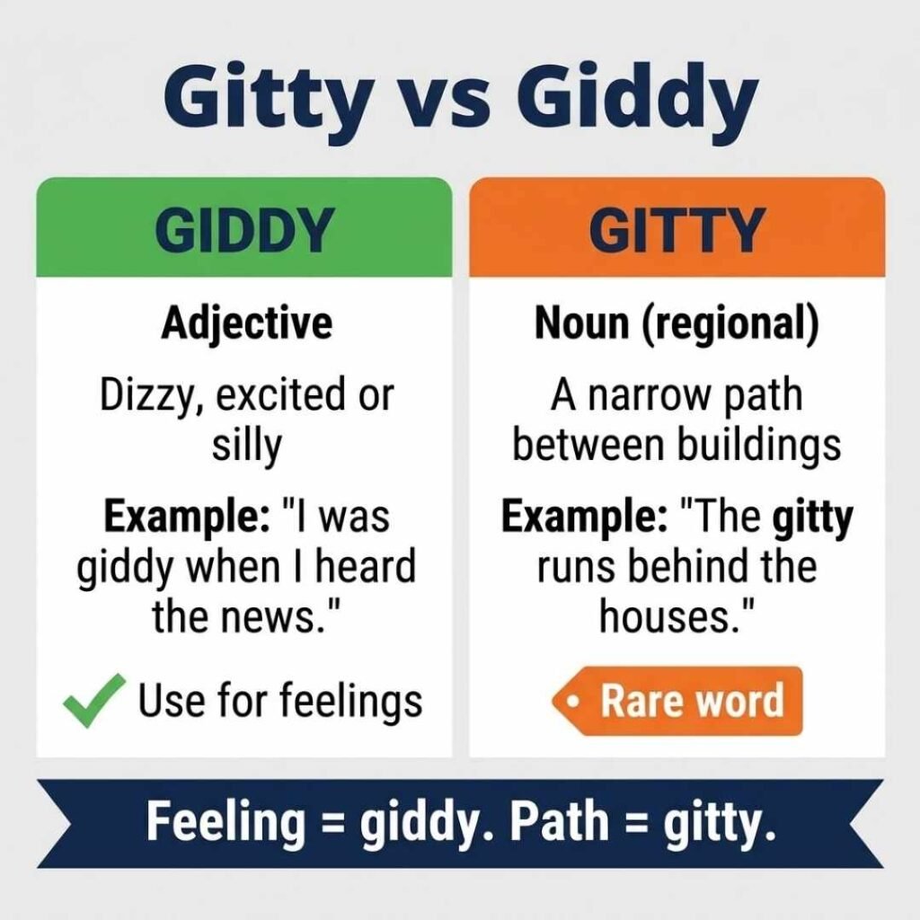 Comparison chart of gitty and giddy showing that giddy describes feelings while gitty is a rare regional word for a narrow path
