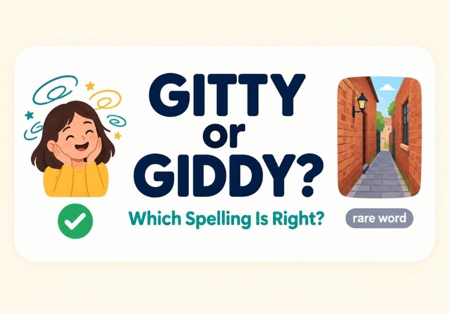 Featured image with the text "Gitty or Giddy? Which Spelling Is Right?" beside a dizzy smiling person and a narrow alley icon
