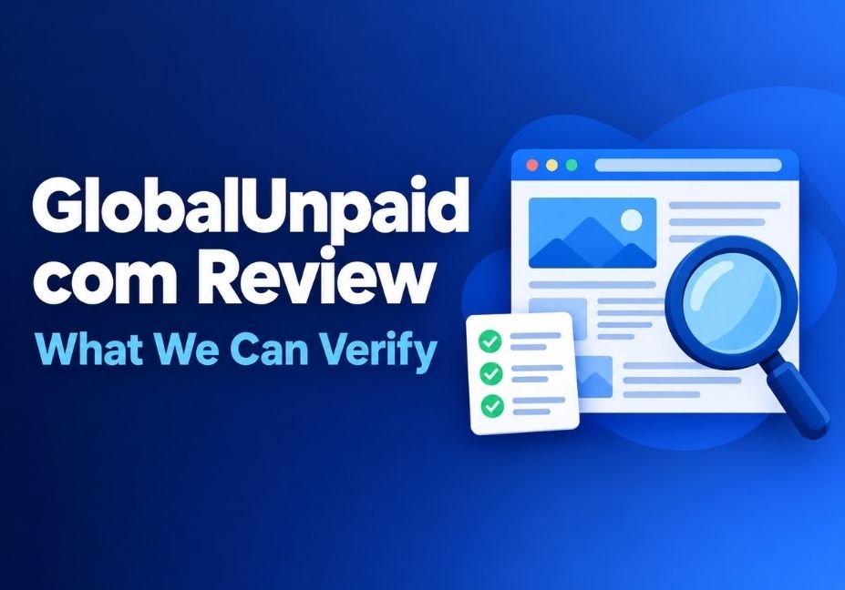 GlobalUnpaid com review banner with a browser window, magnifying glass and checklist